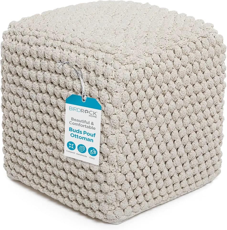 BIRDROCK HOME Square Pouf Ottoman Foot Rest, Natural Bud, 18”
