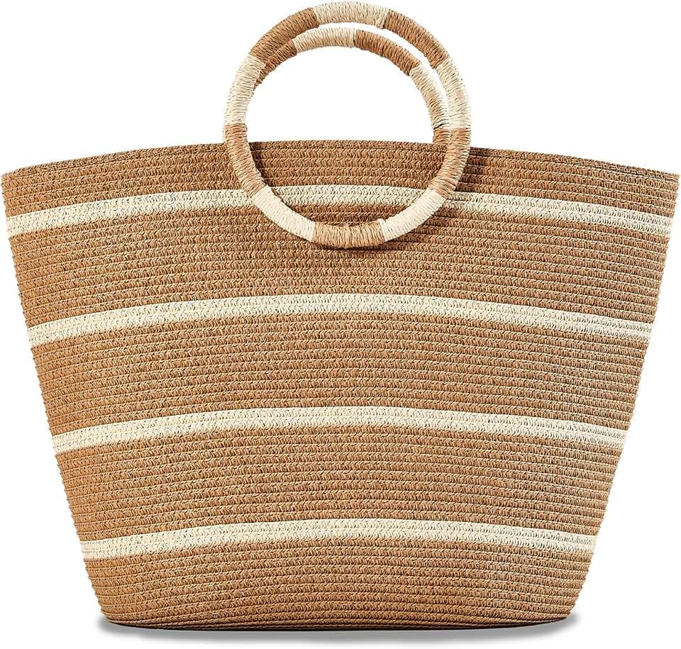 TOFUNTOY Beach Bags for Women Straw Tote Bag Summer Beach Bag Large Woven Straw Tote for Vacation Holiday