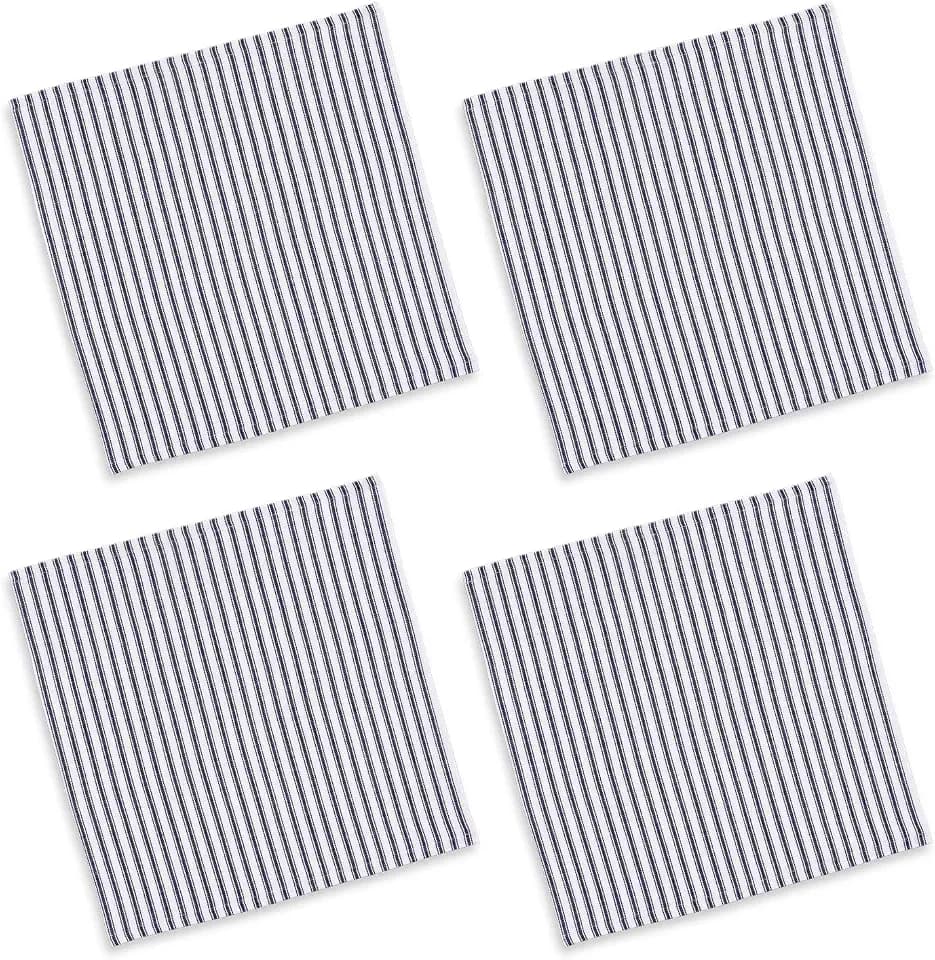 Navy Blue and White Ticking Stripe Woven Cotton Fabric Napkins 18 Inches Square, Set of 4