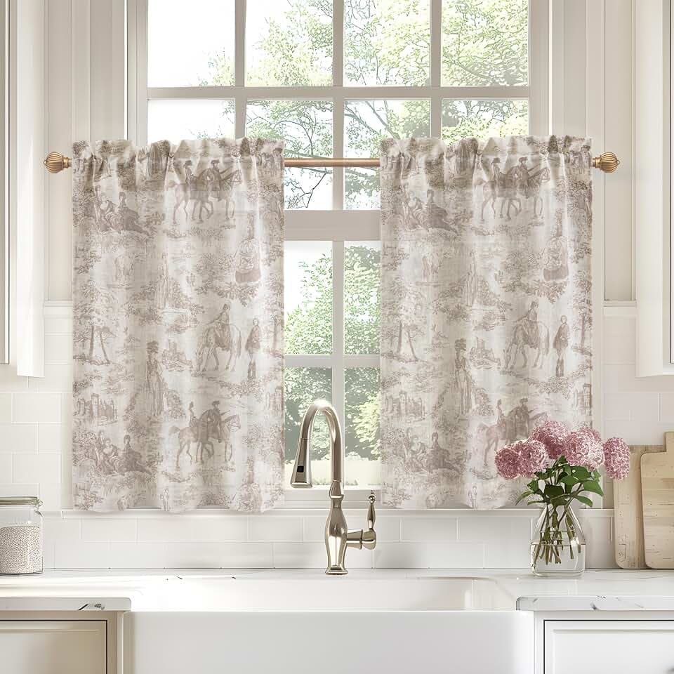 DriftAway Kitchen Curtains Toile Tier Linen Short Curtains Cafe 36 Inch Length for Living Room Bathroom Farmhouse French Country Vintage Printed Pattern Rod Pocket 2 Panels Beige