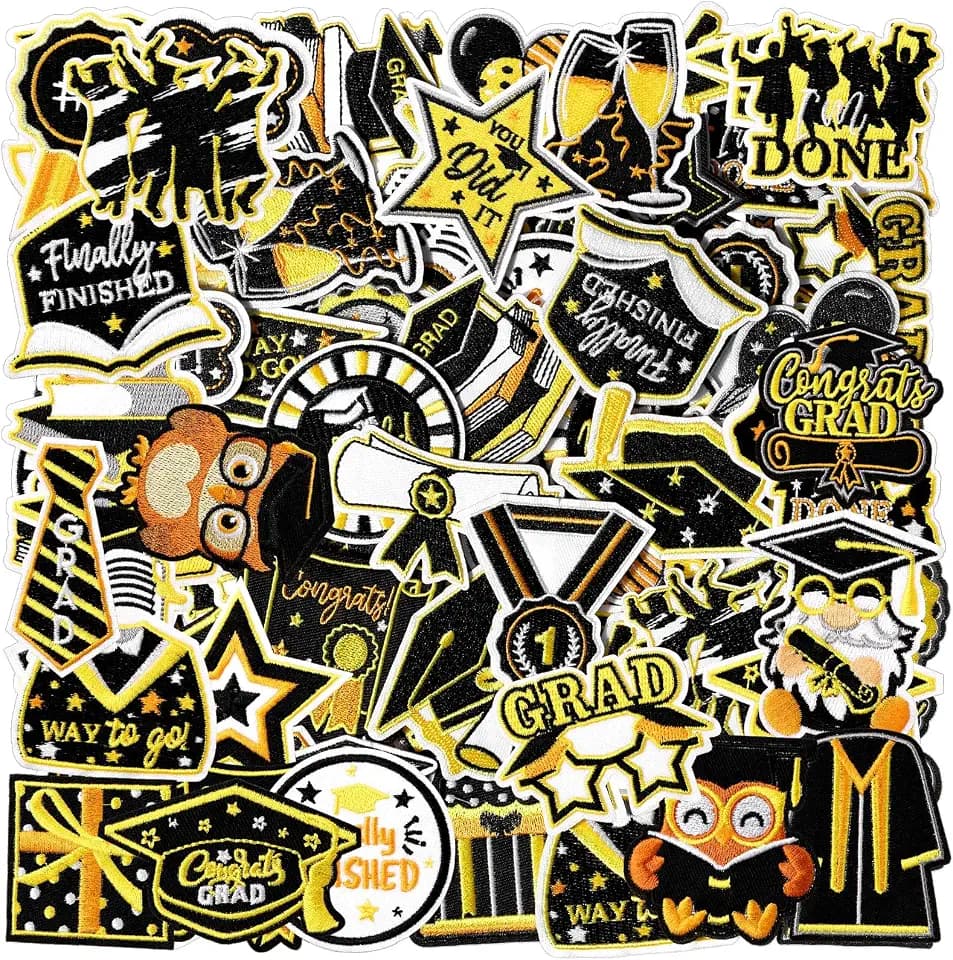 Lyrow 72 Pcs Gold Black Graduation Embroidered Iron on Patches