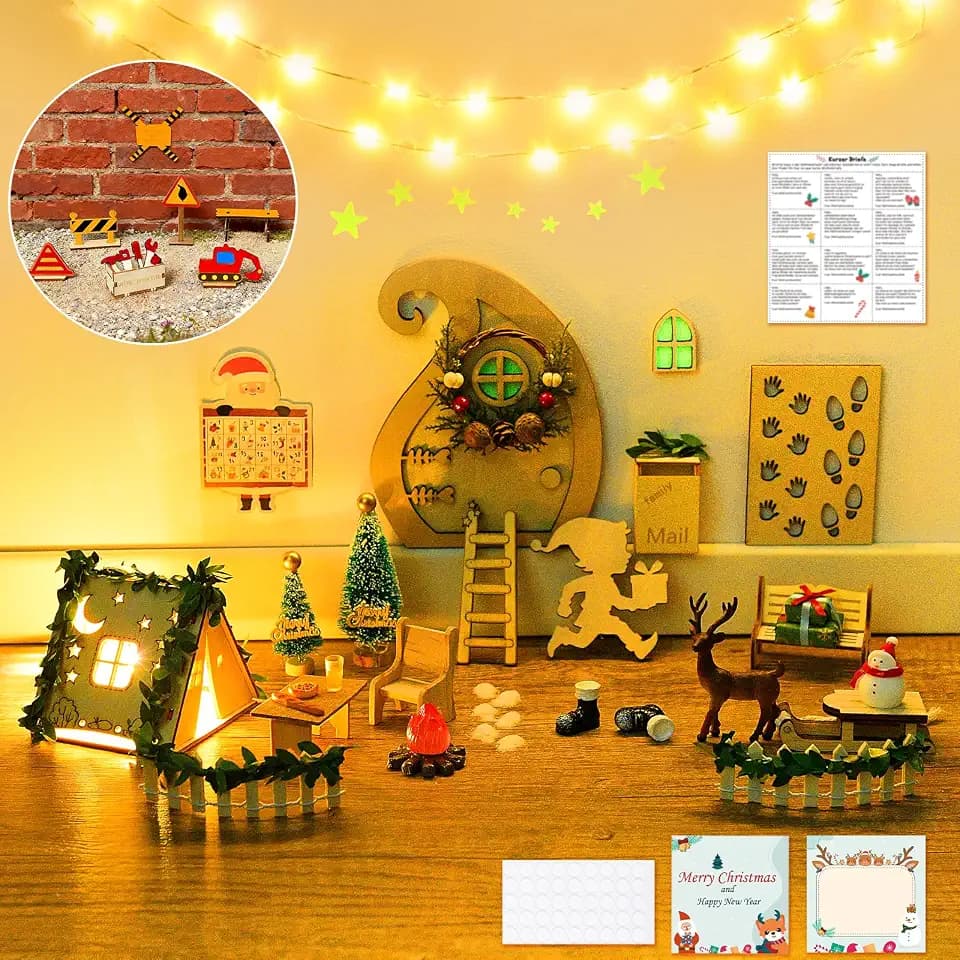 Wichteltür Set Wichtel Zubehör für Weihnachten 73 Stück, mit Zelt, Wichtel Baustelle, 12 Wichtelbriefe, Wichtel Schablone, Adventskalender, Baguette, Pizza, Orangensaft, mit 2M Lichterkette
