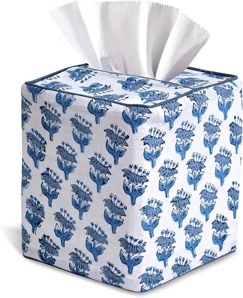 CPC Apatite Blue Block Print Square Tissue Box Cover 100% Cotton