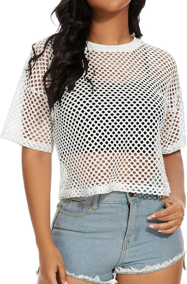 Women's Mesh Fishnet Top Short Sleeves Sheer T Shirts See Through Cover Up