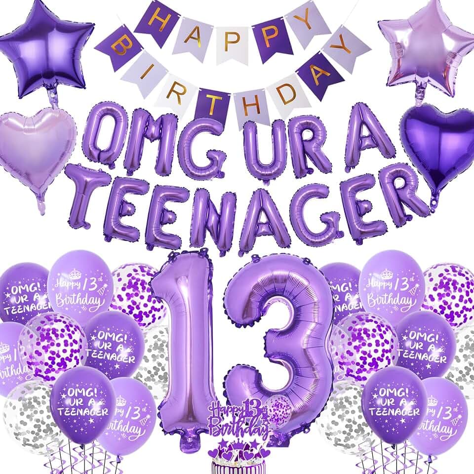 Purple 13th Birthday Decorations for Girls - Teenager Party Supplies Happy Birthday Banner, OMG UR A Teenager Foil Balloons Number 13 Balloon Cake Topper for 13 Year Old Teen