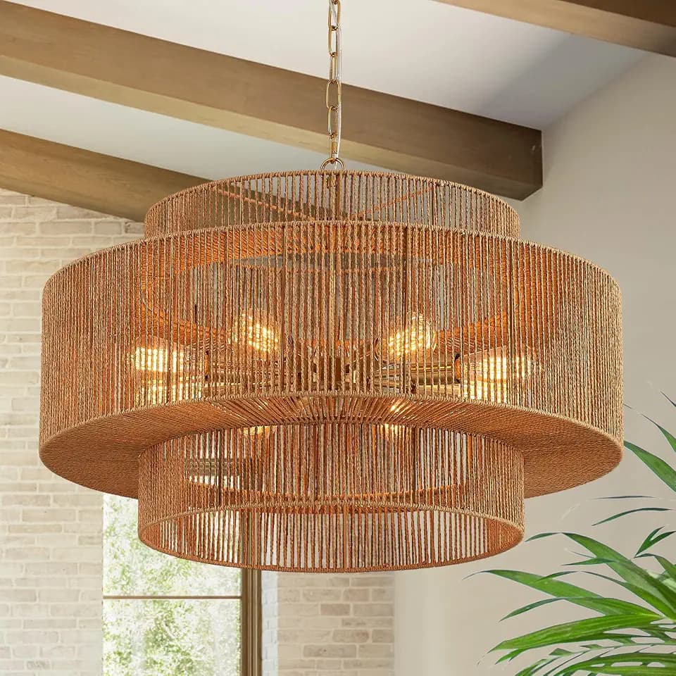 30" Large Gold Rattan Chandelier, 8-Light Hand-Woven 3-Tier Drum