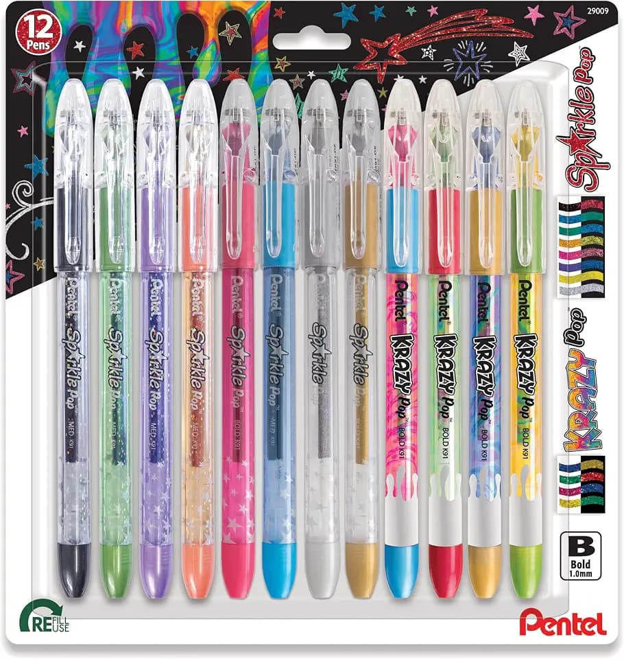 Pentel Sparkle and Krazy Pop, Metallic Gel Ink Pen, (1.0mm), Bold Line, Assorted Ink Colors, 12 count (K91BP12M)