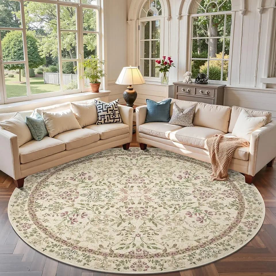 jinchan 7ft Washable Round Area Rug, Vintage Floral, Pastoral Green