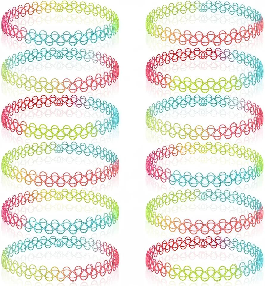 12PCS 90s Vibrant Tattoo Choker Necklace Set - Rainbow Colorful Stretchy Elastic Vintage Trendy Y2K Fashion Jewelry, Adjustable Retro Gothic Grunge Aesthetic Accessories for Women