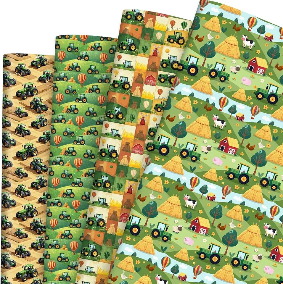 Pineraap 12 Sheets Tractor Wrapping Paper, Green Farm Theme Gift Wrap for Birthday, Christmas Gift & Party Decor - Farm Animal Design for Boys, Girls, Baby Shower (28"x20")