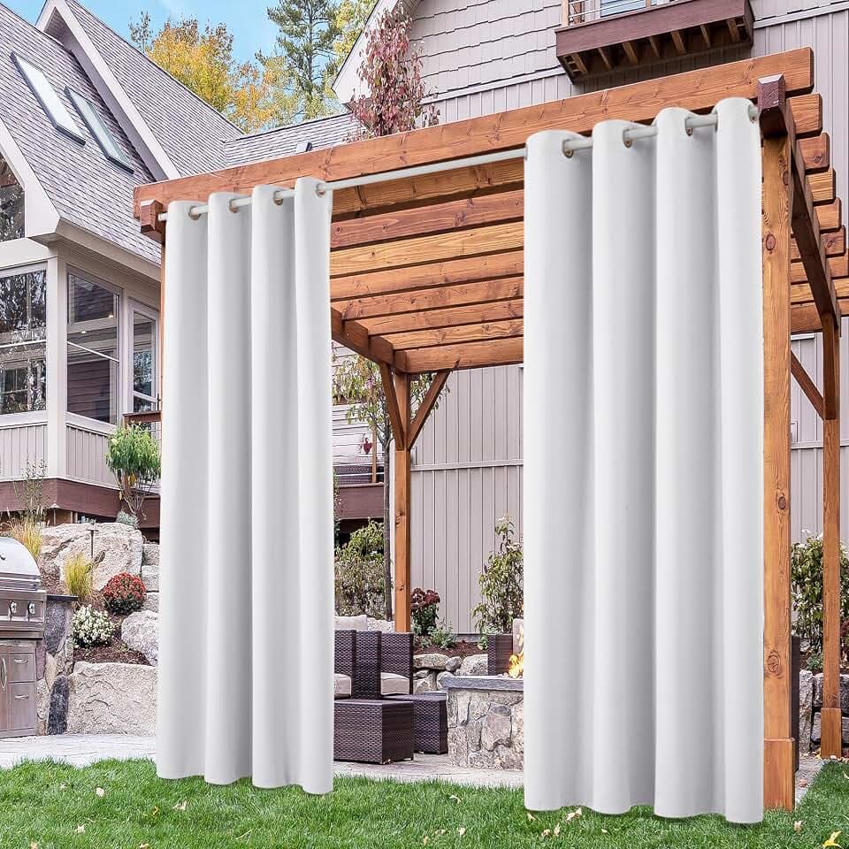 Deconovo Outdoor Vorhang Wetterfest Blickdichte Vorhänge Terrassen Sichtschutz Gardinen Sonnenschutz Wasserdicht Outdoorvorhänge für Balkon Pavillon, 214x132 cm(HöhexBreite), Grau Weiß, 2er Set