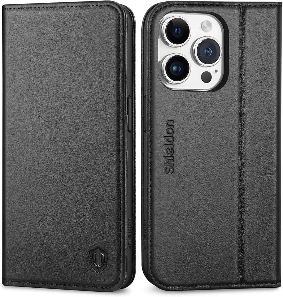 SHIELDON Genuine Leather Wallet Case for iPhone 15 Pro 6.1" 2023, Black