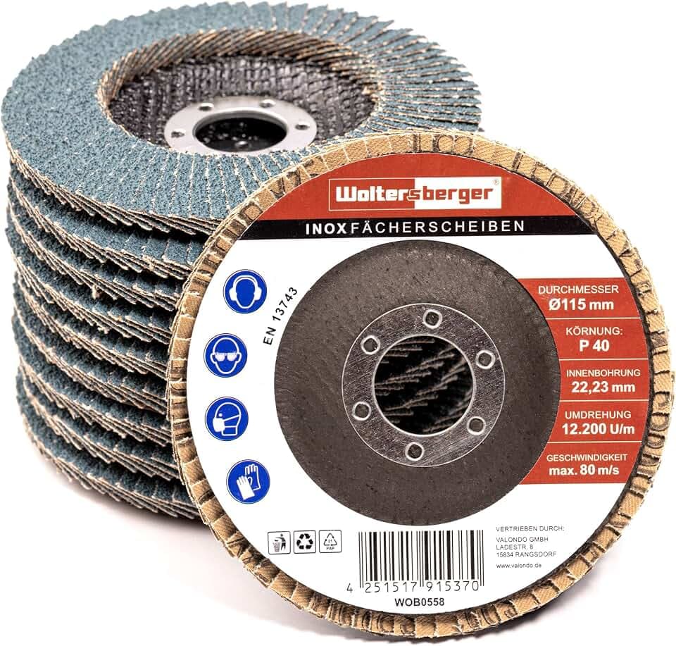 Woltersberger® INOX Fächerscheiben | Ø 115mm | Korn 120 | 10 Stück | Blau für Edelstahl, Metall/Stahl, Holz | Zirkonkoround Schleifmop Lamellenscheiben