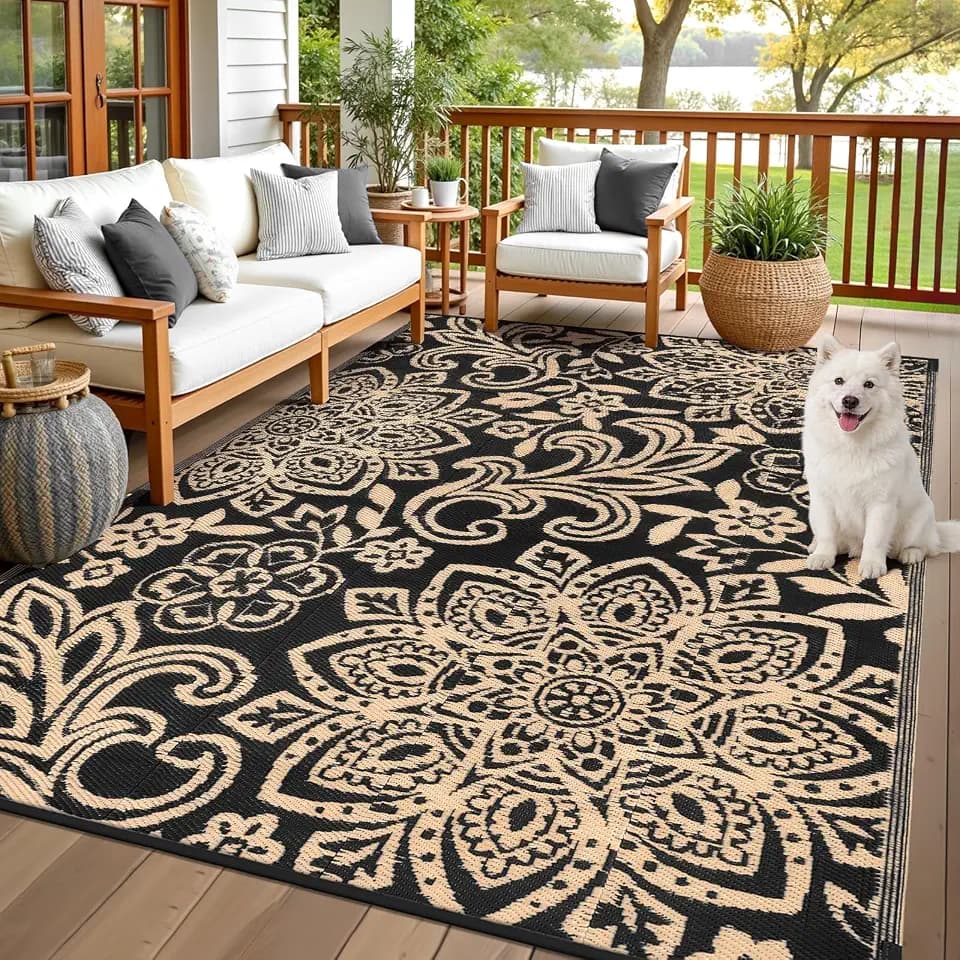 Findosom Waterproof Outdoor Rug 6' x 9' - Reversible Mandala Outdoor Plastic Straw Rug, Durable Foldable Patio Rug for RV, Deck, Balcony, Backyard, Picnic, Porch, Camping, Beach, Black