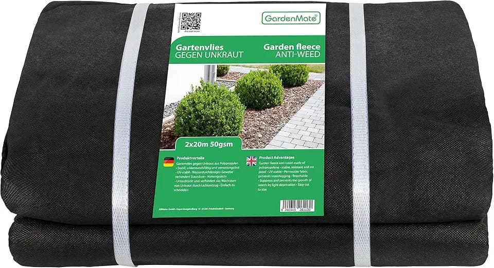 GardenMate 40m² Unkrautvlies Gartenvlies wasserdurchlässig – Unkrautfolie Gartenflies – Unkrautflies 2m x 20m - 50g/m² – Gartenfolie Reißfestes Unkrautschutzvlies - Hohe UV-Stabilisierung
