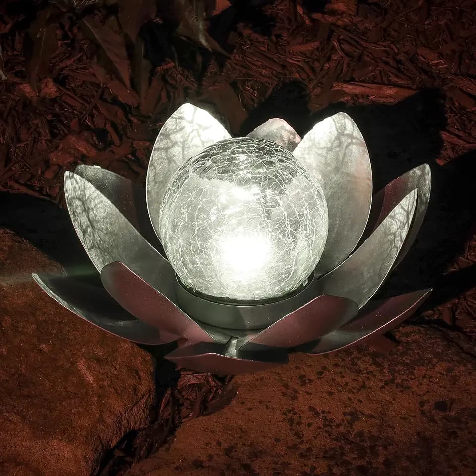 MCSLOTUS-S Silver Lotus Flower Solar LED Garden Light with Crackled Glass Globe – Waterproof Metal Outdoor Décor
