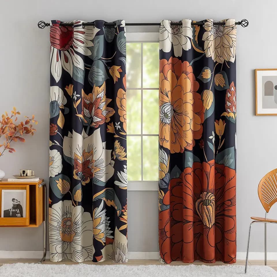 Tyrot Black Boho Floral Grommet Blackout Curtains, 52W x 84L, 2 Panels