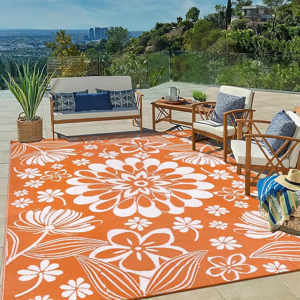 Ileading Outdoor Patio Rug, Orange Floral Reversible Outdoor Rug, Waterproof Plastic Straw Mat, Portable Outside Large Area Rug, Camping RV Carpet for Deck Porch Balcony (8×10 ft)