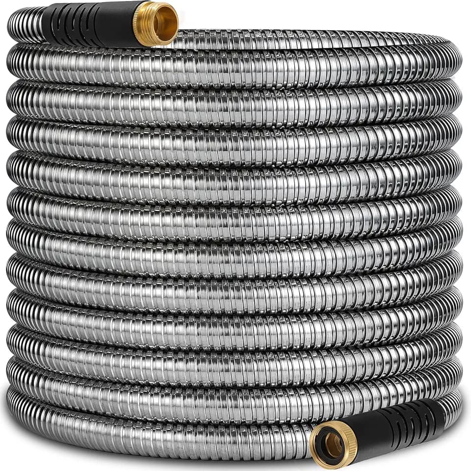 100 ft Stainless Steel Garden Hose - 2025 Upgraded Metal Water hose - Flexible Water Hose Pipe with Latex Core, 3/4" Solid Brass Connectors - No-Expandable Garden Hoses