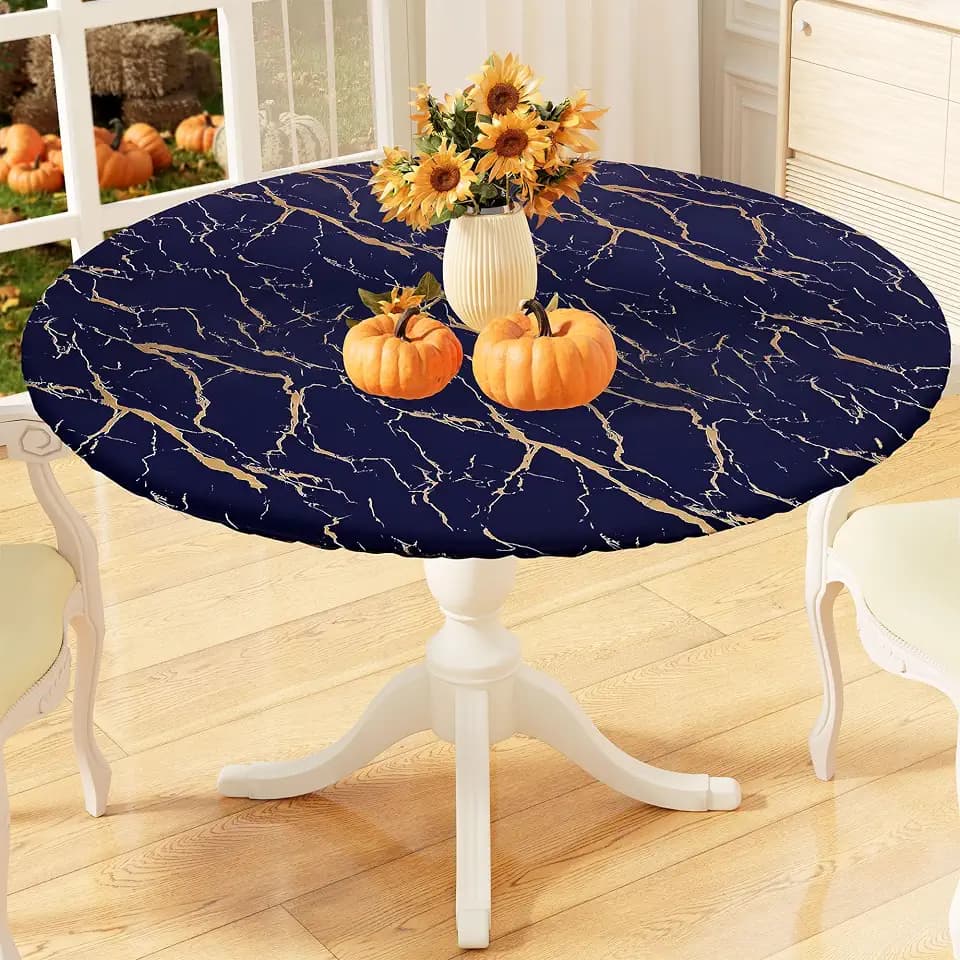 misaya Round Fitted Tablecloth with Elastic Edge, Waterproof Oil Proof Plastic Table Cover, Vinyl Flannel Backed Tablecloth Fits 45"-56" Round Tables for Dinner, Outdoor, Picnic, Navy Gold Marble