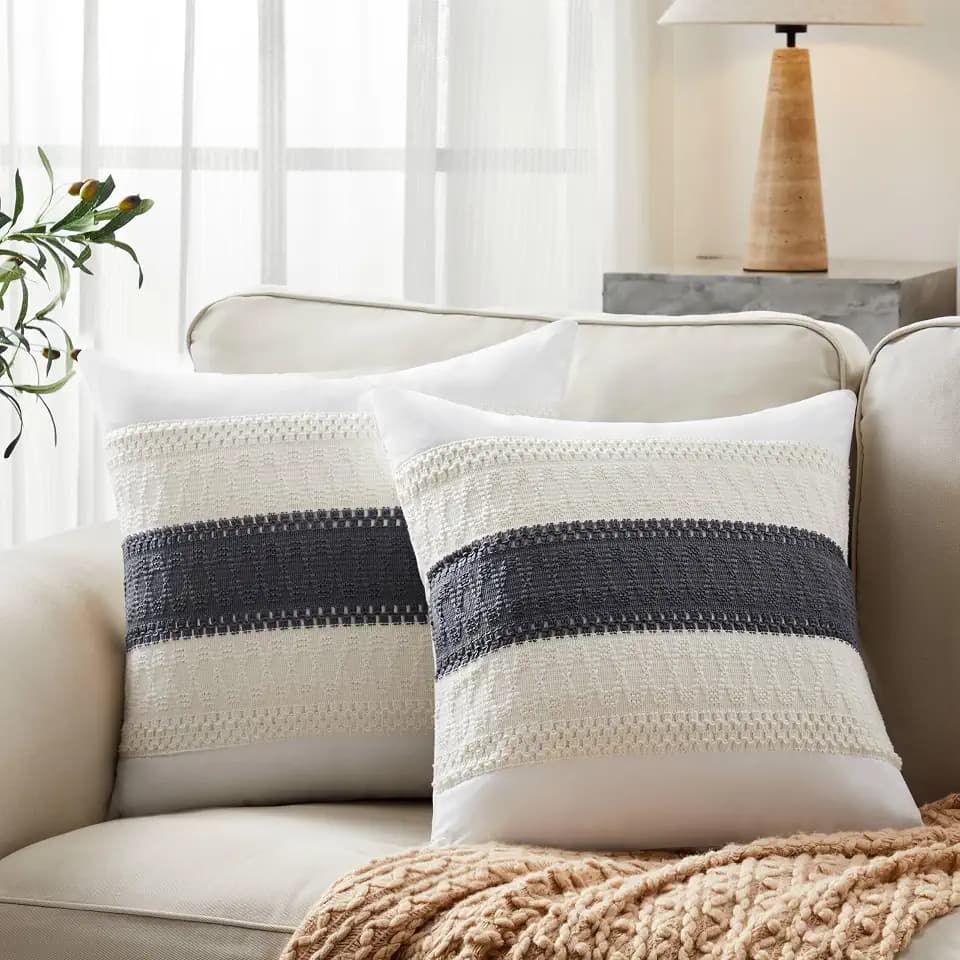 2pk Boho Pillow Covers 16x16, Natural White/Contrast/Charcoal