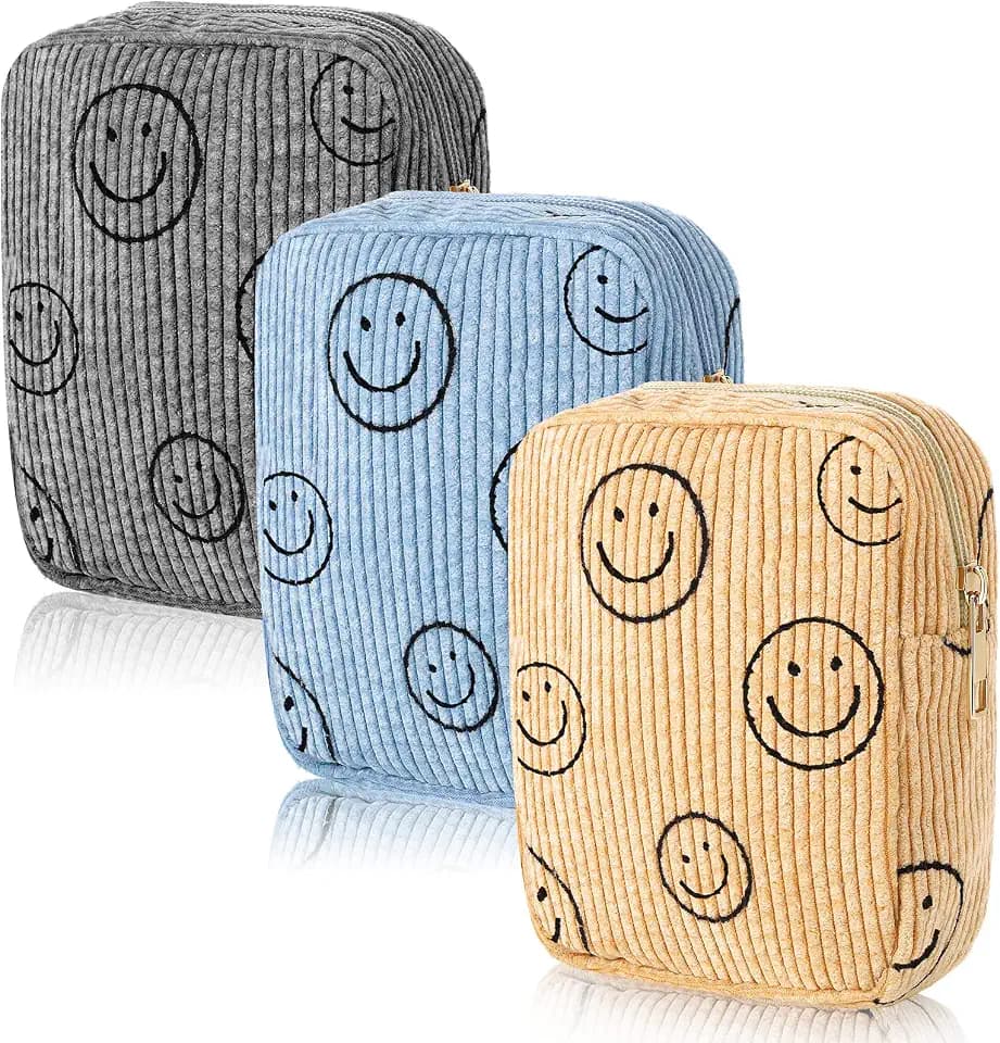 Photect 3 Pcs Corduroy Makeup Bag Pouch, Stylish, Yellow, Gray, Blue