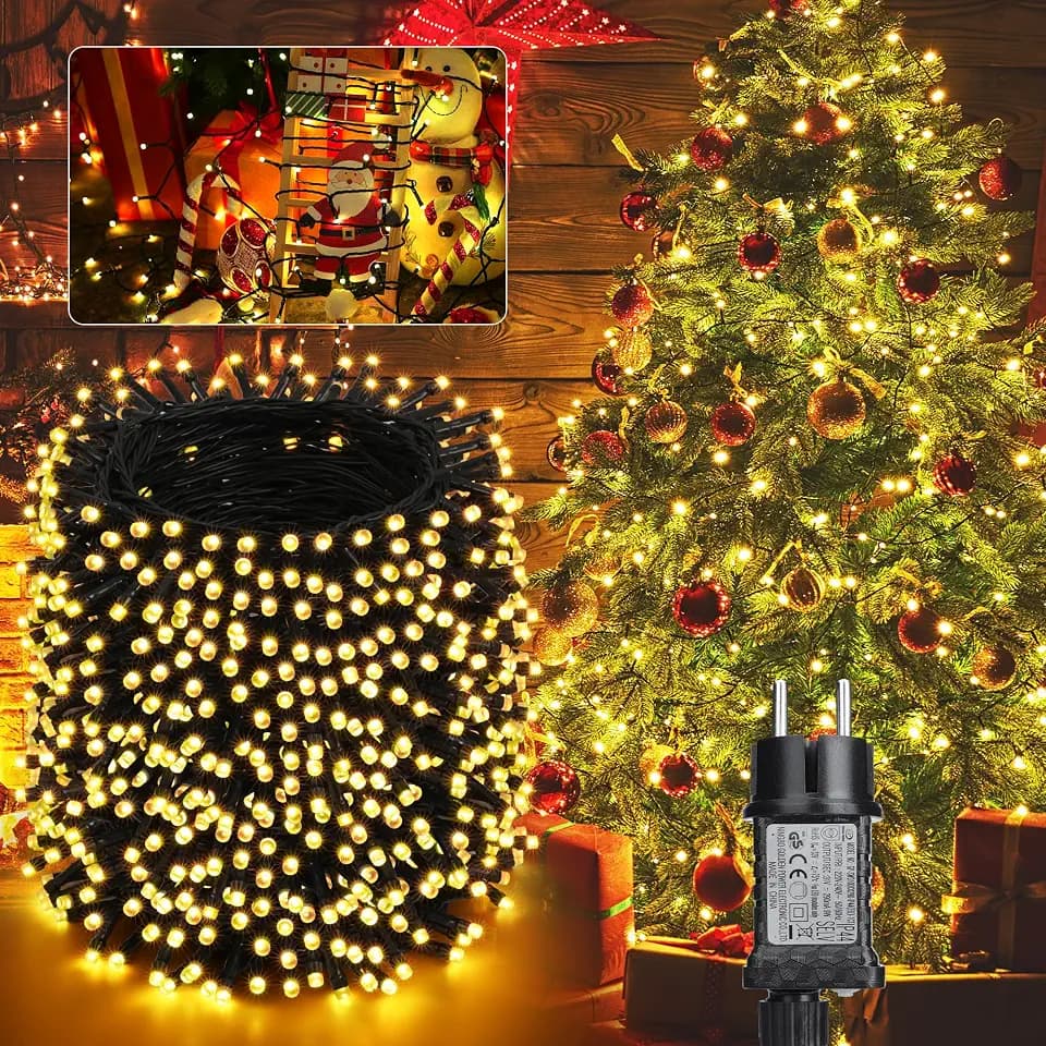 Moxled Lichterkette Weihnachtsbaum - 100M 800 LED Warmweiß Lichterkette Außen Strom mit Timer Speicherfunktion, Grünes Kabel, Wasserdicht 12 Modi Weihnachtsbeleuchtung für Garten Weihnachtsdeko