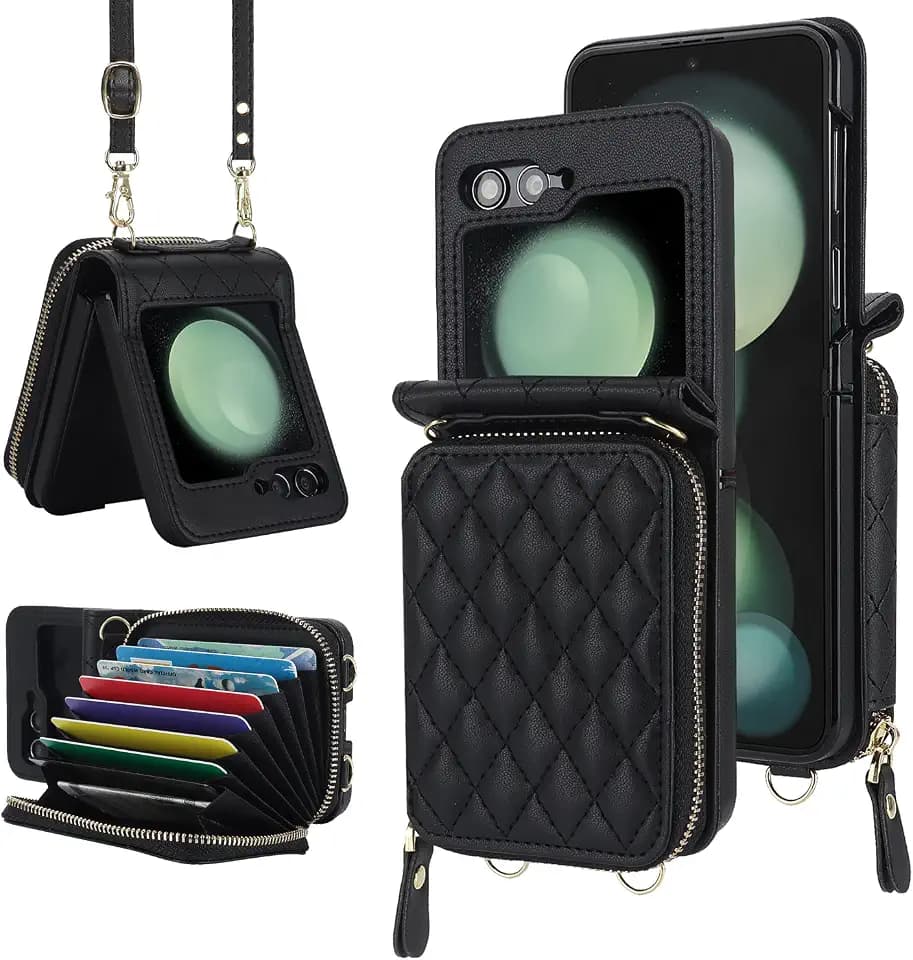 NINKI Hand Strap for Samsung Galaxy Z Flip 6 Case Wallet with Card Holder, Cute Shockproof Leather Detachable Cross-Body Lanyard for Samsung Z Flip 6 Case Purse,Galaxy Z Flip 7 FE Cover Women Black