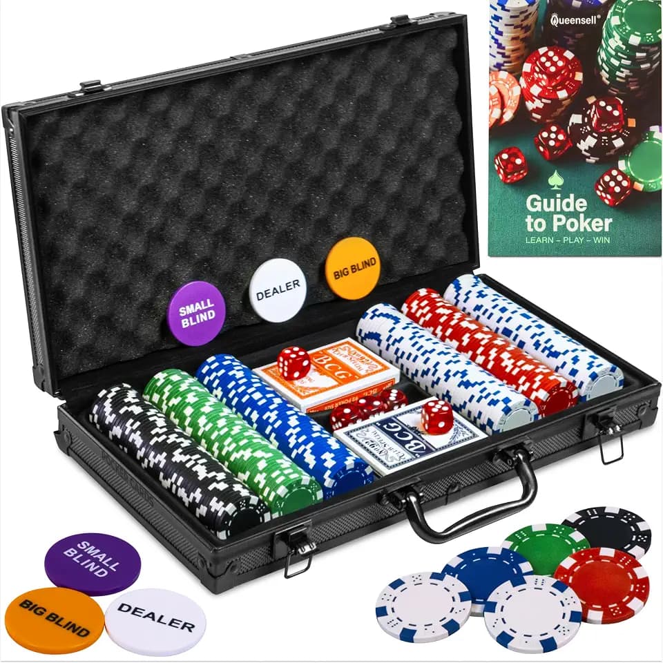 Queensell Pokerkoffer mit 300 Poker Chips für Texas Holdem – Profi Poker Set mit Aluminium Koffer, Pokerkarten, Dealer Button & Würfeln