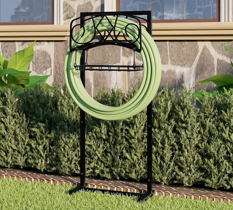 Freestanding Garden Hose Organizer with Black Powder-Coated Finish - Heavy-Duty Detachable Hose Stand Holds 150FT Hose, Includes Storage Basket & Assembly Tools for Outdoor Use