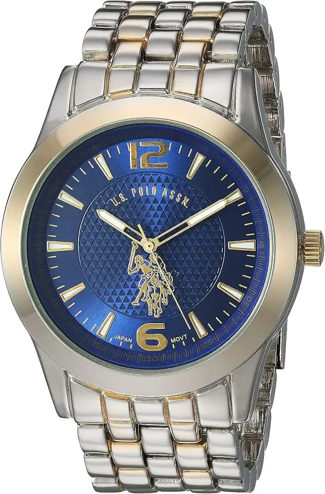 U.S. Polo Assn. Men's Analog Bracelet Watch – Blue Dial with Gold-Tone Bezel and Two-Tone Stainless Steel Band – Sleek, Durable, and Adjustable Fit for Wrists 5.5" to 8"