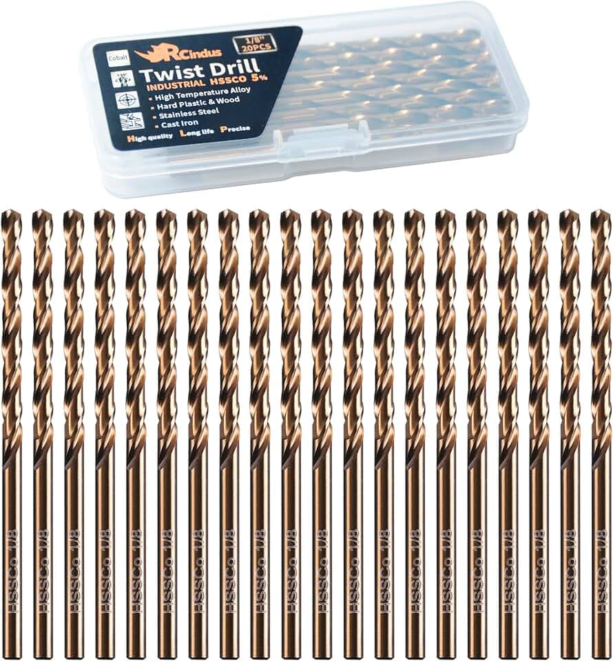 (20PCS) 1/8" Cobalt Drill Bit, HSS M35 Metal Drill Bits for Steel, Stainless Steel, Cast Iron, Hard Plastic and Wood