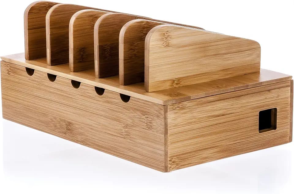 Prosumer's Choice Wooden Charging Station Organizer - 5-Port Base for Phones, Tablets and Laptops - Multi-Device Docking Station with Removable Divider Slots - Cord Box with Cable Management - Bamboo