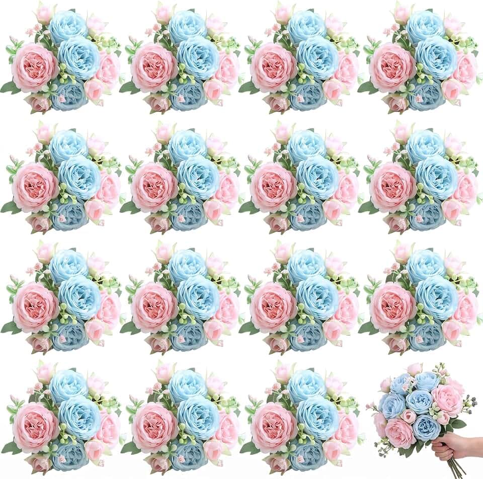 16 Bundles Artificial Peonies Silk Peony, Pink, Blue