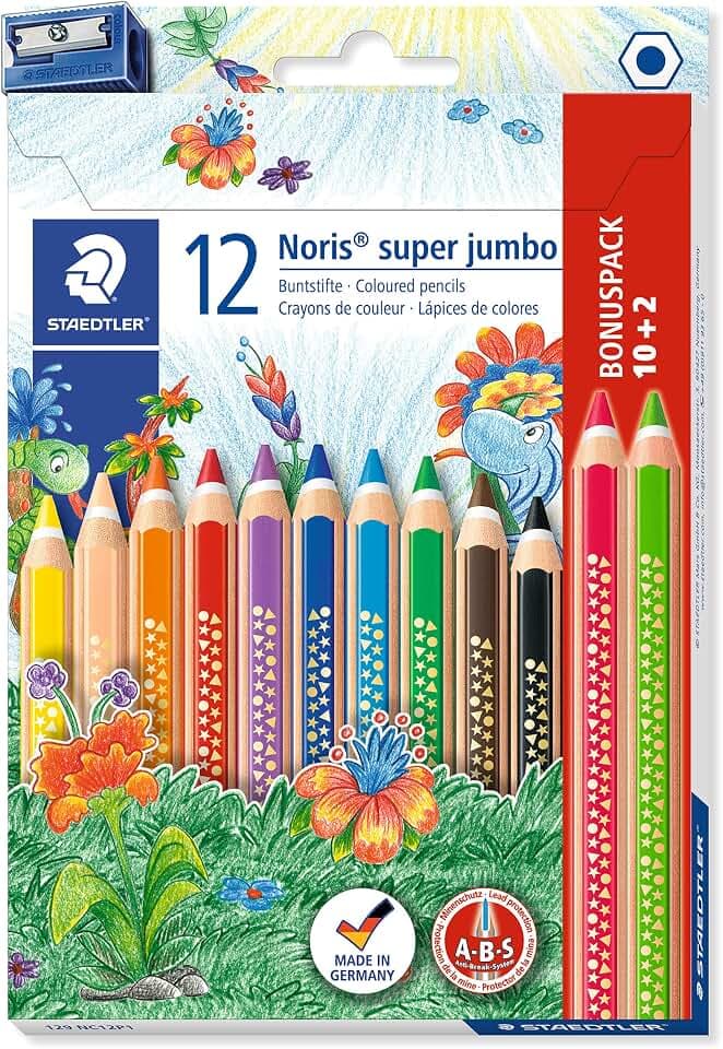 STAEDTLER Buntstift Noris super jumbo, erhöhte Bruchfestigkeit, Sechskantform, ABS-System, attraktive Sternchenprägung, Set mit 12 brillanten Farben und einem Spitzer, 129 NC12P1, 12 Stück (1er Pack)