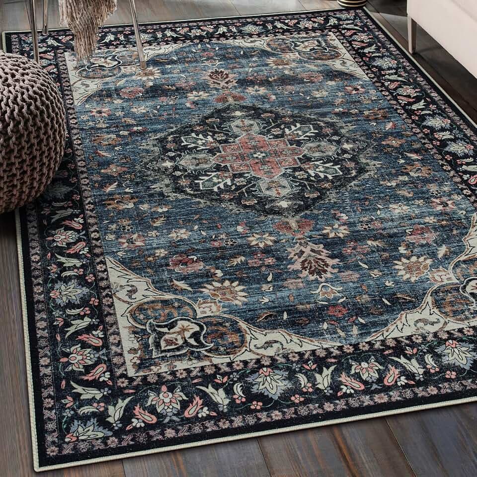 Amearea Vintage Design Area Rug for Living Room, 4x6 Navy Blue Bedroom Rug