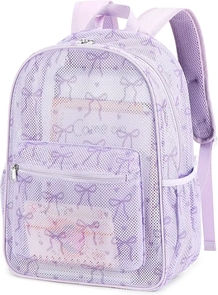 LEDAOU Mesh Backpack for Kids Girls Semi-Transparent Mesh School Backpack Bookbag Lightweight Casual Daypacks (Bow Purple)