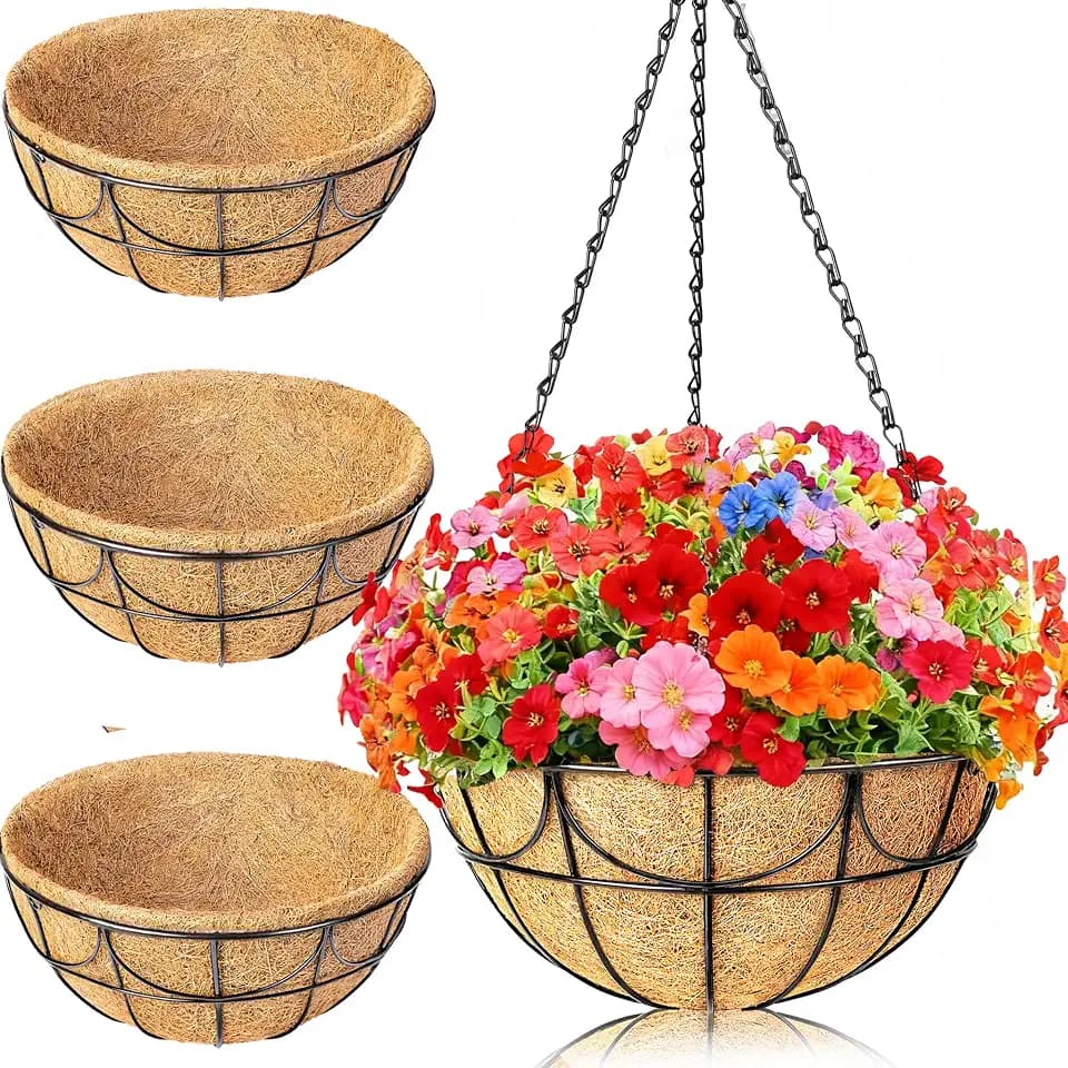 12 Inch 3 Pack Hanging Baskets Planters for Outdoor Plants - Wire Hanging Baskets Plant for Plants Outdoor with Coco Liners Minimalist Metal Hanging Pots for Outside Garden Patio Porch Decor