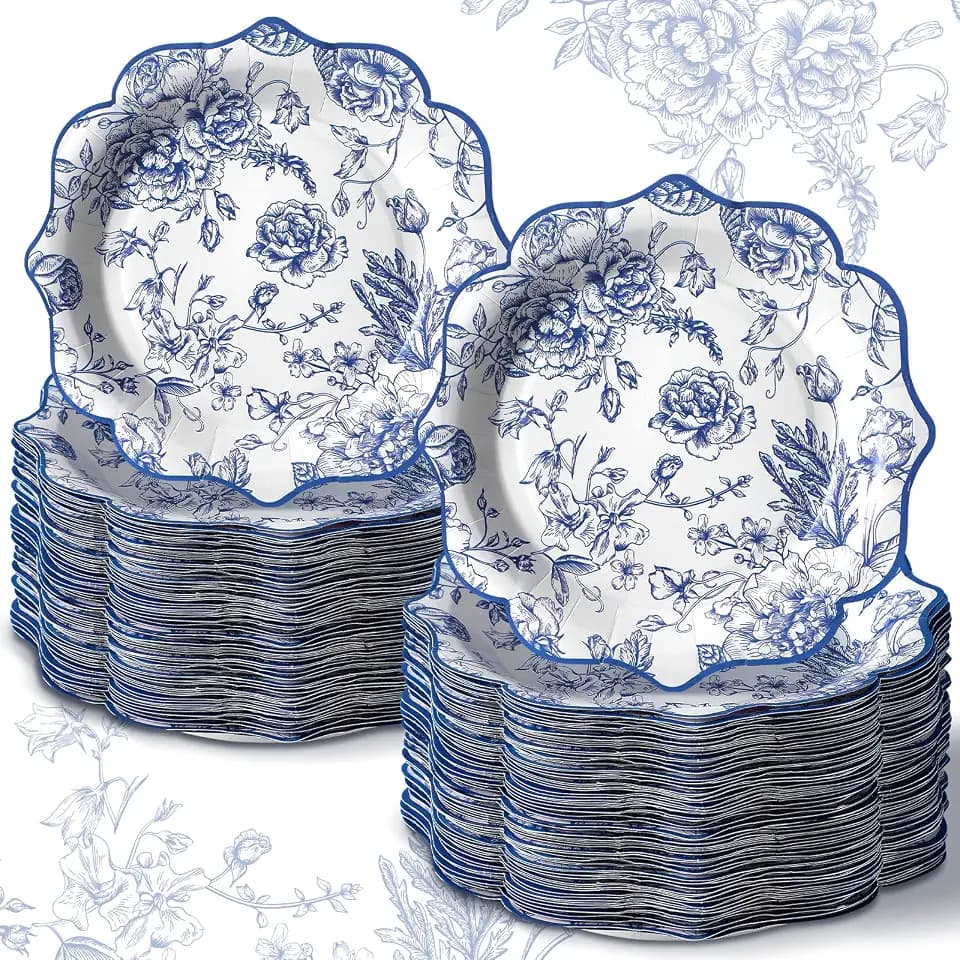 100 Pcs 7" Chinoiserie Paper Plate Blue White Floral Dessert Plate