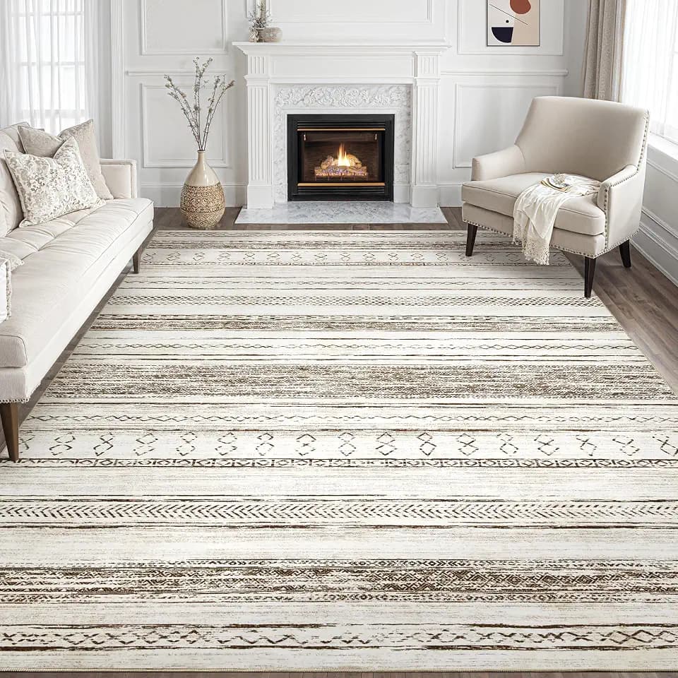 Tortania Area Rug Living Room Rugs - 8x10 Washable Large Soft Neutral Boho Moroccan Bohemian Farmhouse Rug Indoor Floor Carpet for Bedroom Under Dining Table Home Office Decor - Cream Brown