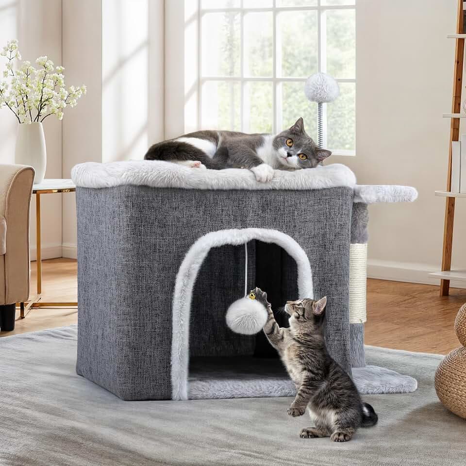 YITAHOME Katzenhaus Indoor,Faltbares Katzenhaus 47L x 40B x 32H cm Große Katzenhöhle mit Kratzbrett und Spielball Katzenbett Höhle Katzentonne für Mittlere Große Haustiere