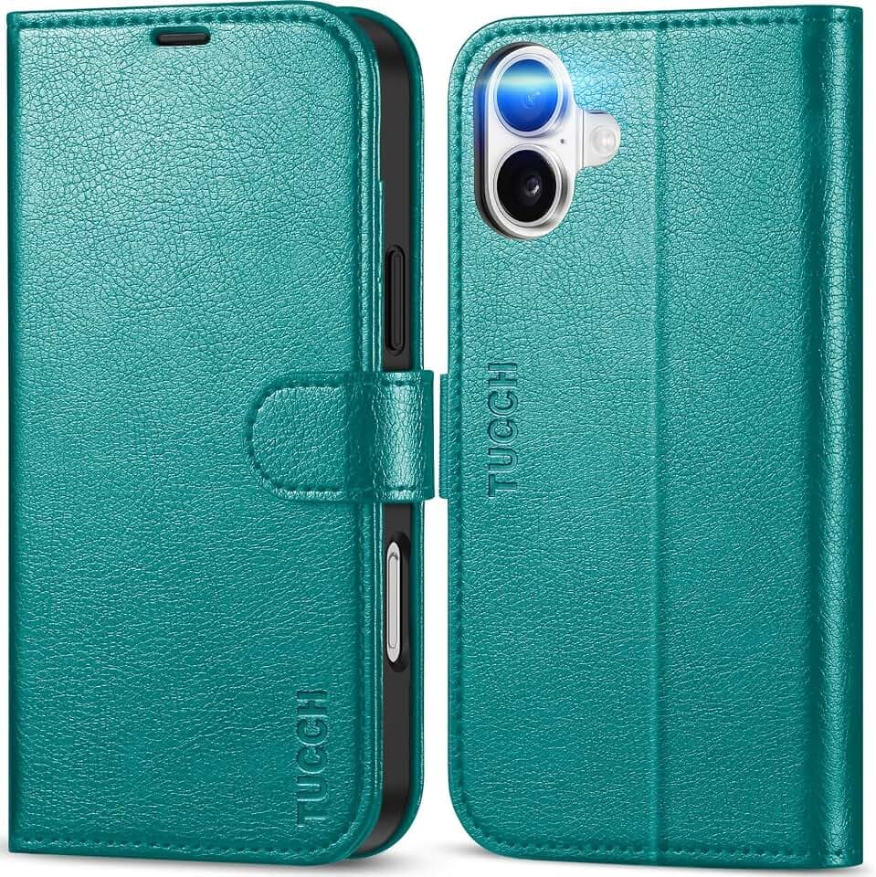 TUCCH Wallet Case for iPhone 16 Plus (6.7") 2024, 4 Card Holders, Cyan