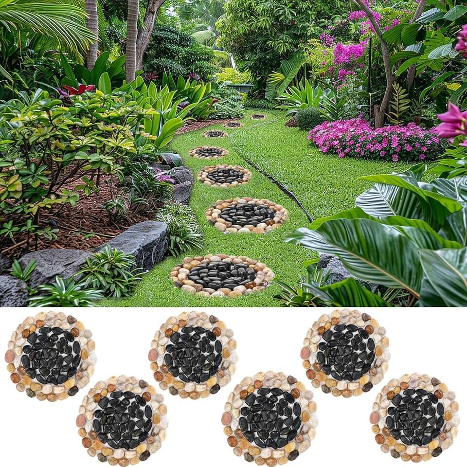 Garden Stepping Stones ourtdoor Decorative Round Stepping Stones with Black Stones Round Polished River Pebble Stone from Natureal River,for Garden Patio