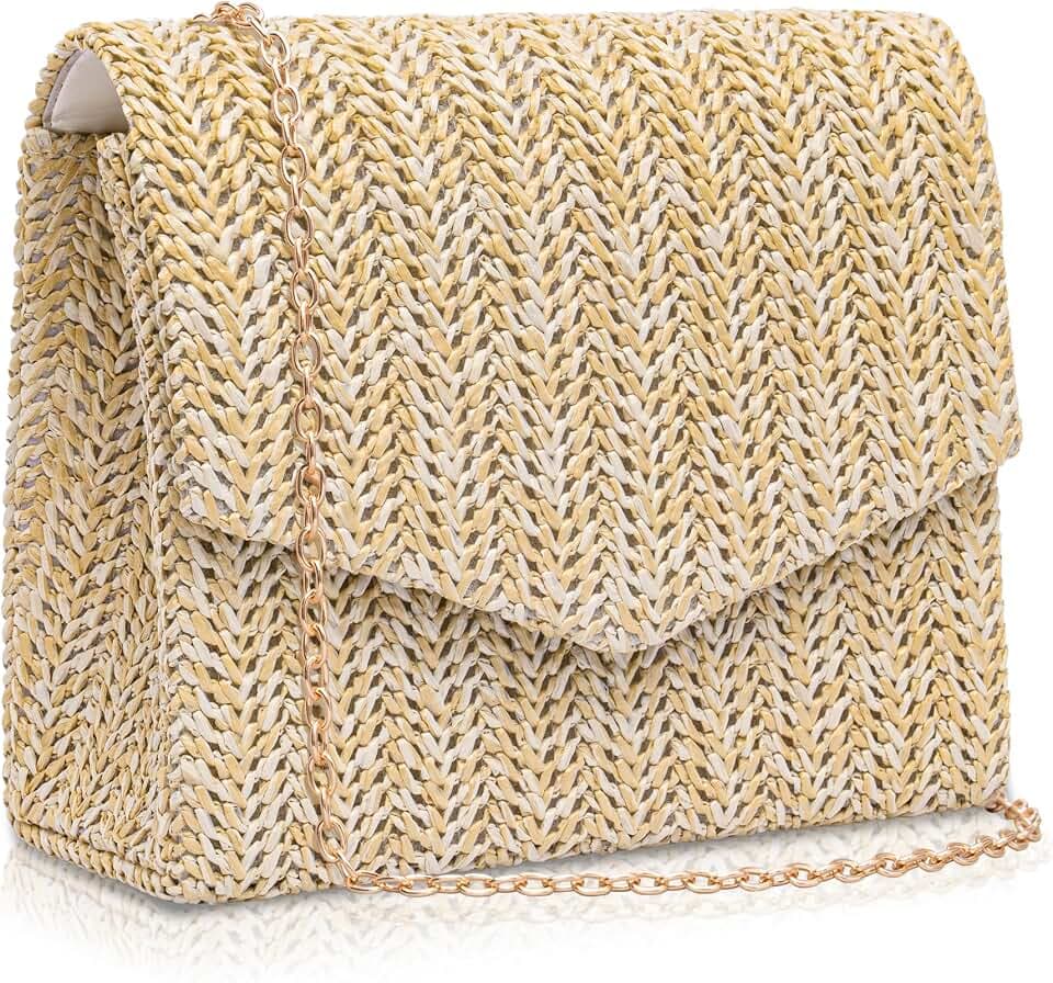 Larcenciel Straw Clutch Purses for Women, Woven Beach Purse w/Chain, Summer Boho Evening Handbag for Wedding, Prom, Vacation