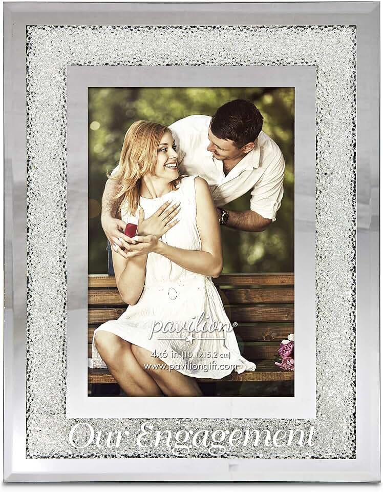 Pavilion Gift Company 85116 Glorious Occasions - Our Engagement White Crystal Mirrored 4x6 Picture Frame,, SILVER
