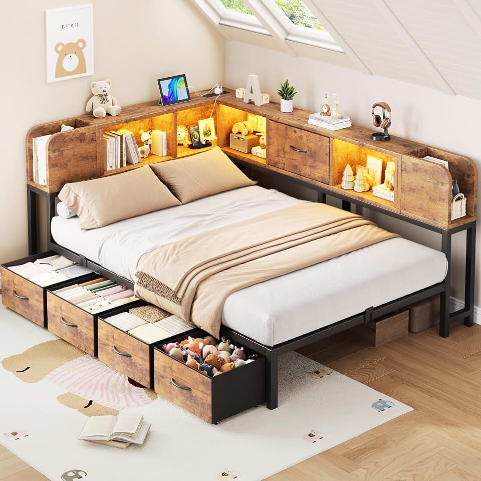 Twin Bed Frames with 5 Storage Drawers and Bookcase Headboard, Twin Size Metal Platform Corner Bed Frames for Kids Teens Daybed with Charging Station and LED Lights for Living Room, Bedroom,Vintage