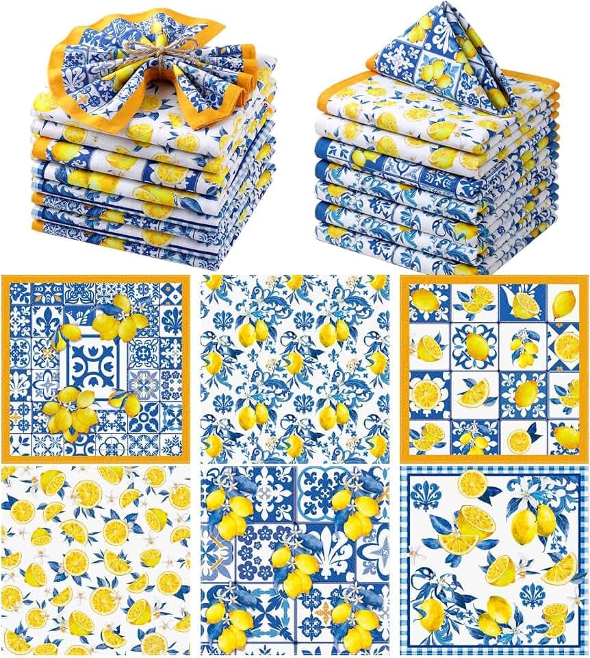 Sratte 12 Pcs Capri Lemon Cloth Napkins Mediterranean Yellow Blue Napkin