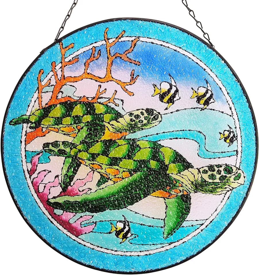 Sea Turtle Stained Glass Window Hanging, 12" Hand-Painted Suncatcher with Chain, Vibrant Ocean-Themed Wall Art Decor for Home & Garden, Perfect Ocean Gifts for Women, Mom, and Ocean Lovers