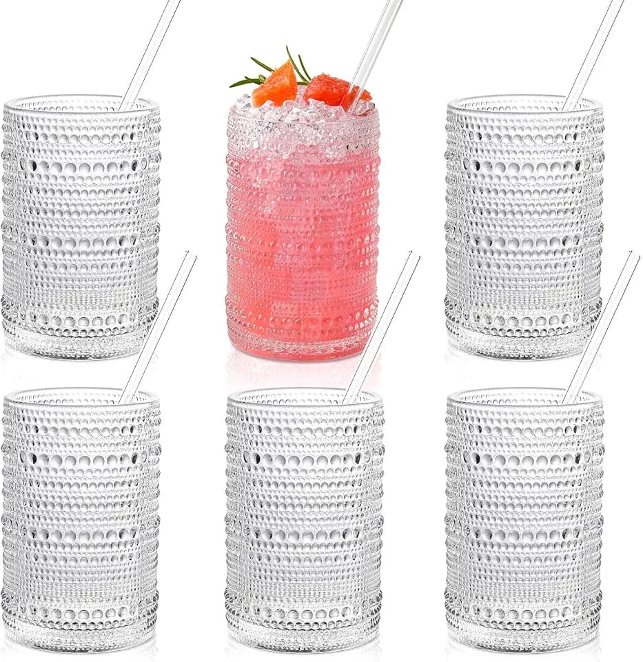 KMIGRUAN Hobnail Drinking Glasses with Straws 15oz Vintage Glassware Set of 6 Embossed Vintage Water Cups, Highball Glasses for Cocktail,Whiskey,Beer and Juic