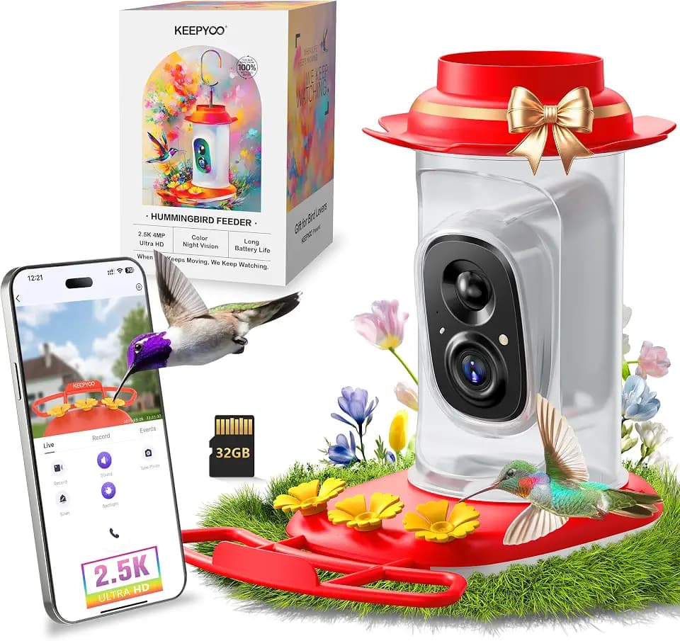 2.5K Hummingbird Feeder with Camera, Wireless Smart Bird Feeders for Outdoors, AI Bird Identify, Instant Notification, Include 32GB SD Card, Ant Moat & Bee-Proof, Gift for Birds Lovers (Red)
